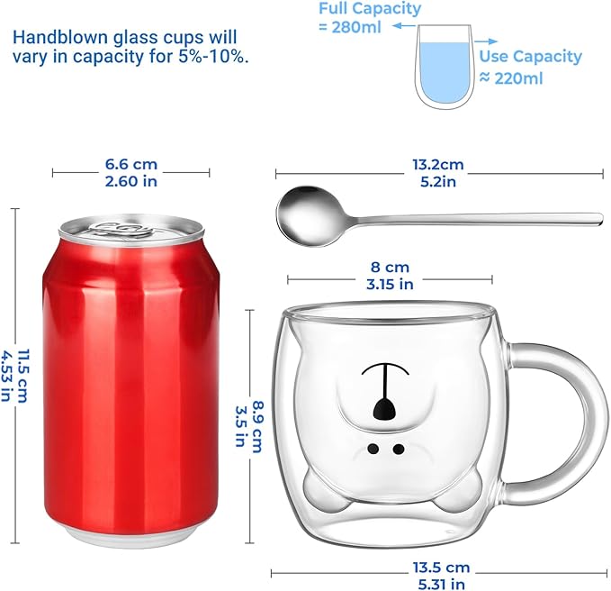ecooe Cute Bear Mug Glass Coffee Cup 9.4oz Double Walled Glass Mug Cappuccino Latte Glass Cup with Handle Spoon, Milk Tea Bear Cup Birthday Christmas Valentine's Day Gifts for Women Kids Girls Friends