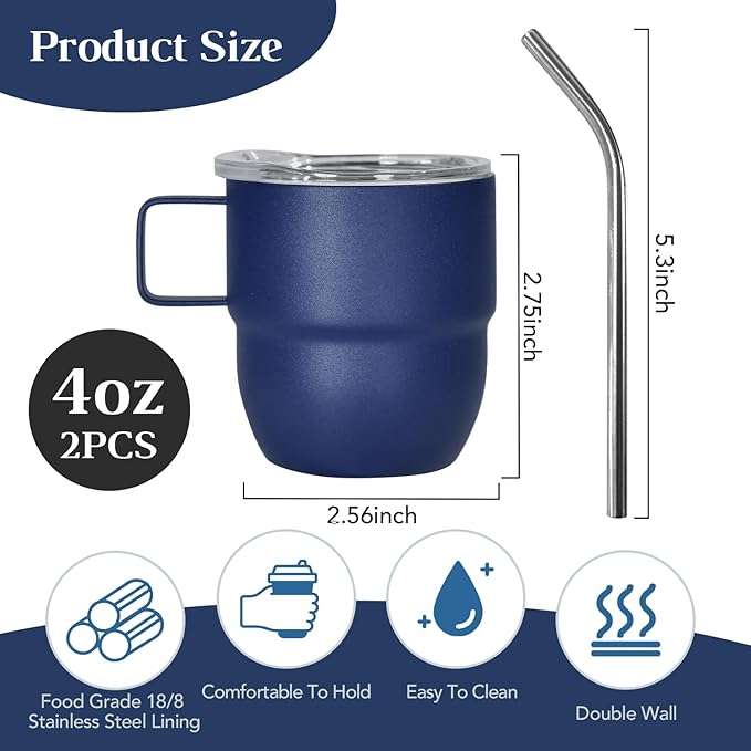 4oz Espresso Cup Set of 2, Insulated Espresso Mug With Lid and Straw, Espresso Shot Glasses with Handle, Double Walled Stainless Steel Small Expresso Shots Cup for Coffee