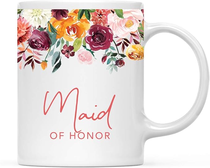 Andaz Press 11oz. Wedding Ceramic Coffee Tea Mug Gift, Fall Autumn Burgundy Orange Peach Flowers Roses Florals, Maid of Honor, 1-Pack, Includes Gift Box