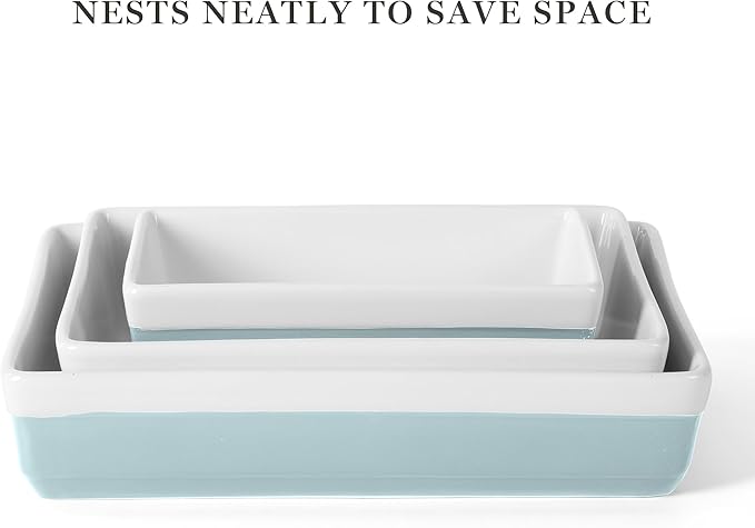 MARTHA STEWART 3 Piece Oven to Table Stoneware Bakeware, Baking Dish & Casserole Set - Dusty Blue