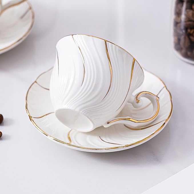 Ceramic Mini Espresso Cups Set of 4,3oz Espresso Mugs with Saucer,Porcelain Coffee Mugs Demitasse Cups, Modern Style cups for Latte, Cafe Mocha(4, White with gold thread)