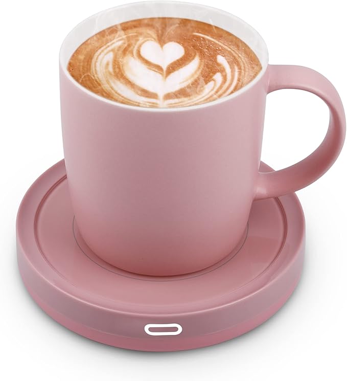 BESTINNKITS Smart Coffee Set Auto On/Off Gravity-induction Mug Office Desk Use, Candle Wax Cup Warmer Heating Plate (Up To 131F/55C), 14oz (Pink Set)