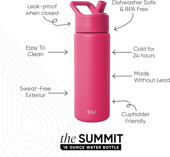Simple Modern Kids Water Bottle with Straw Lid | Vacuum Insulated Stainless Steel Metal | Reusable Leak Proof BPA-Free Thermos for School | Summit Collection | 18oz, Berry Twist