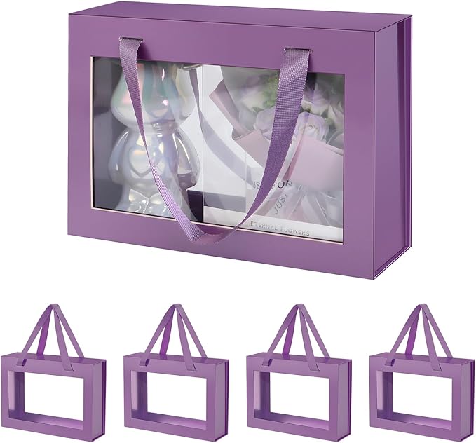 5 Purple Gift Boxes with Windows, Clear Magnetic Gift Boxes for Presents, Bridesmaid Proposal Boxes (11x8x3.2 Inches)
