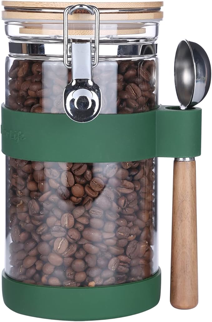 KKC Vacuum Sealed Coffee Bean Storage Container with Scoop for 1 lb Beans,Airtight Glass Coffee Jar Canister with Scoop,Glass Storage Canisters with Hinged Lid,40 Fluid Ounce