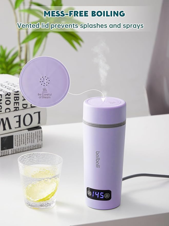 balbali Dual Voltage Travel Kettle 100-250V - 12oz Portable Water Boiler/Warmer/Heater for Boiling Water - 4 Preset Temperature Control Portable Tea Kettle Electric Travel - Purple