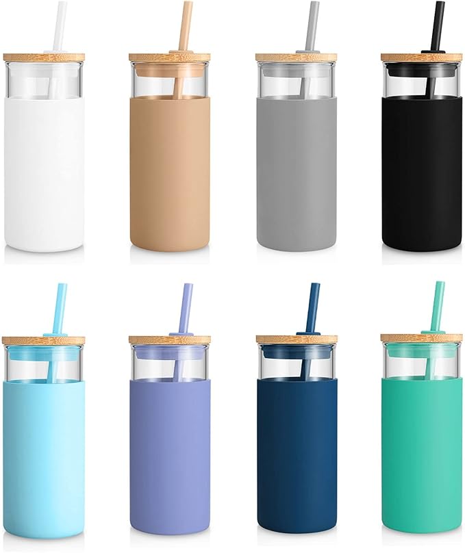 Tronco 20oz Glass Tumbler Glass Water Bottle Straw Silicone Protective Sleeve Bamboo Lid - BPA Free (Mixed color/8 Pack)