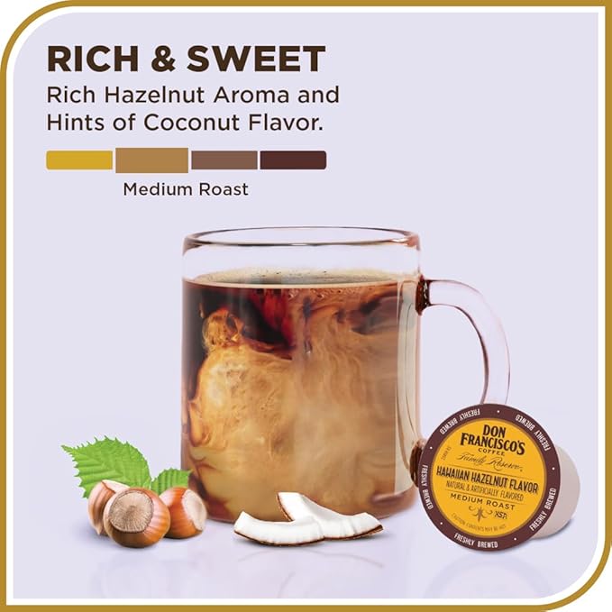 Don Francisco's Hawaiian Hazelnut Flavored Coffee - 55 K-Cup Compatible Single-Serve Pods - 100% Arabica - Compatible with Keurig Brewers