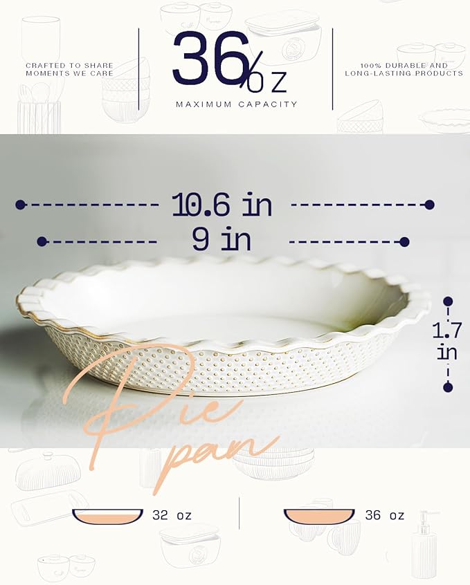 getstar Ceramic Pie Pan, 9 inch Pie Dish for Baking, Non-Stick, Oven & Dishwasher Safe, Farmhouse Decor Quiche Baking Dish, Pie Plate, Deep Dish Pie Pan (Embossed Dots)