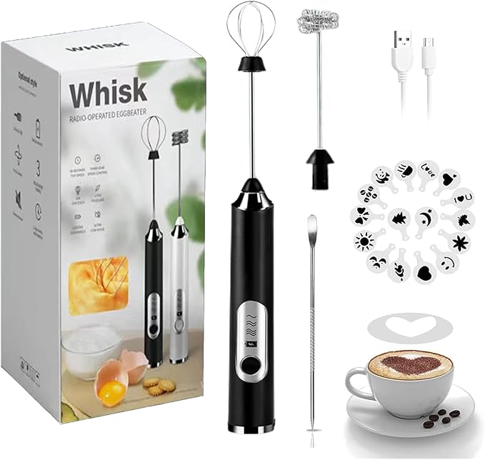 Rechargeable Milk Frother, 3-Speed Electric Handheld Frother with 2 Whisks and Coffee Decoration Tool, Stand-up Design, for Cream, Latte, Cappuccino (Black)