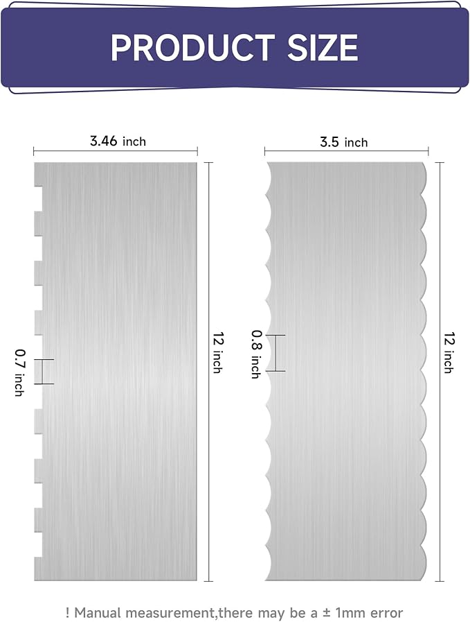 12 Inch Stainless Steel Cake Scraper Set of 2, Metal Cake Scraper Double Sided Patterned Edge for Icing Smoother,Tall Cake Scraper, Cake Combs for Buttercream