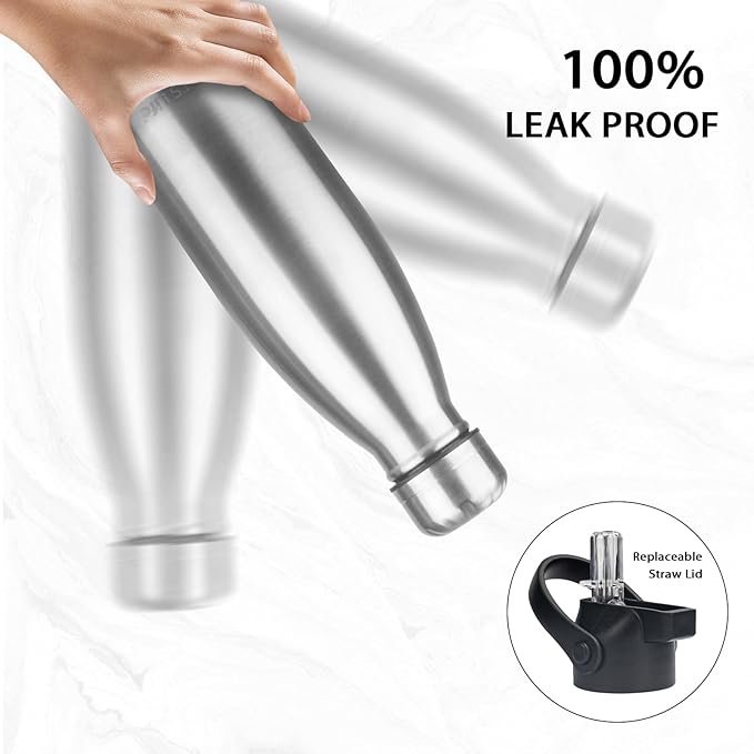 Insulated Water Bottle,12oz Stainless Steel Water Bottles with straw lid,Metal Sports Water Bottles for Boys,Girls,Double Wall Vacuum BPA-Free Flask for School, Sports & Travel-Sliver