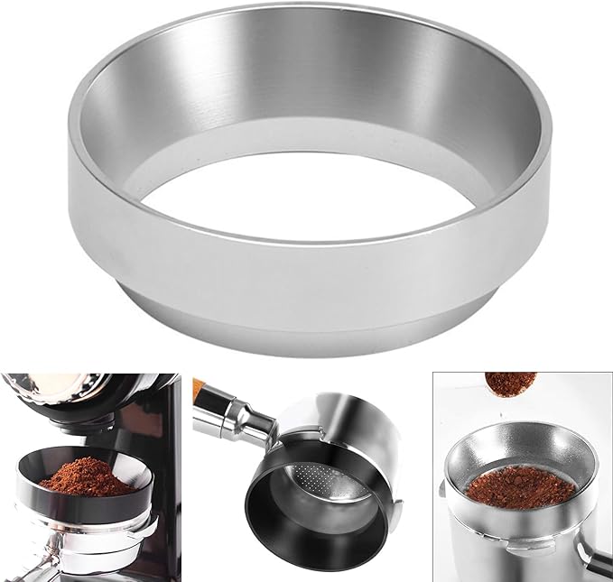 1pc Espresso Dosing Funnel 51/53/58mm Coffee Dosing Ring Aluminum Espresso Distribution Coffee Tool for Home Coffee Bar Shop College Dorm Room Apartment Essential Coffee Accessories (58mm, Silvery)