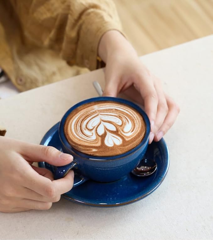 LE TAUCI 8 oz Cappuccino Cups with Saucers, Ceramic Large Coffee Cup for Au Lait, Double shot, Latte, Cafe Mocha, Tea - Set of 4, Ceylon Blue