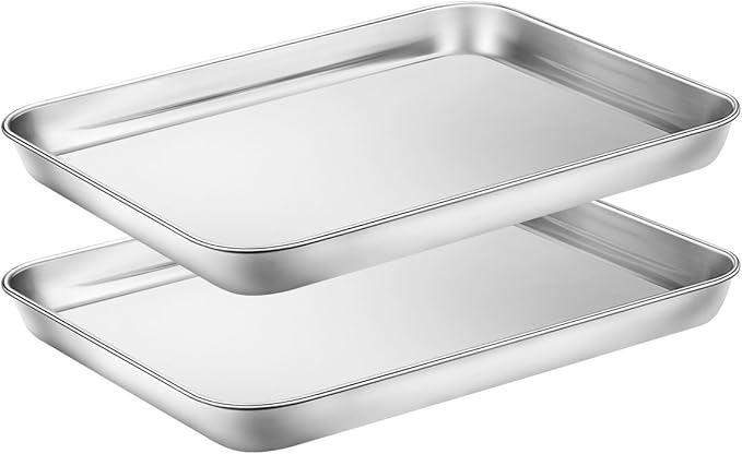 Baking Sheets Set of 2, HKJ Chef Cookie Sheets 2 Pieces & Stainless Steel Baking Pans & Toaster Oven Tray Pans, Rectangle Size 10 x 8 x 1 inch, Non Toxic & Healthy & Easy Clean