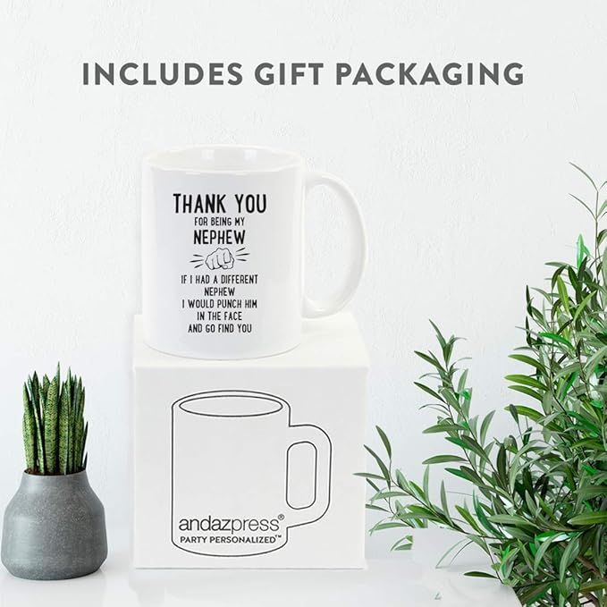 Andaz Press Funny Family 11oz. Coffee Mug Gift, Thank You for Being My Nephew, Punch in Face, 1-Pack, Christmas Birthday Drinking Cup Present Ideas