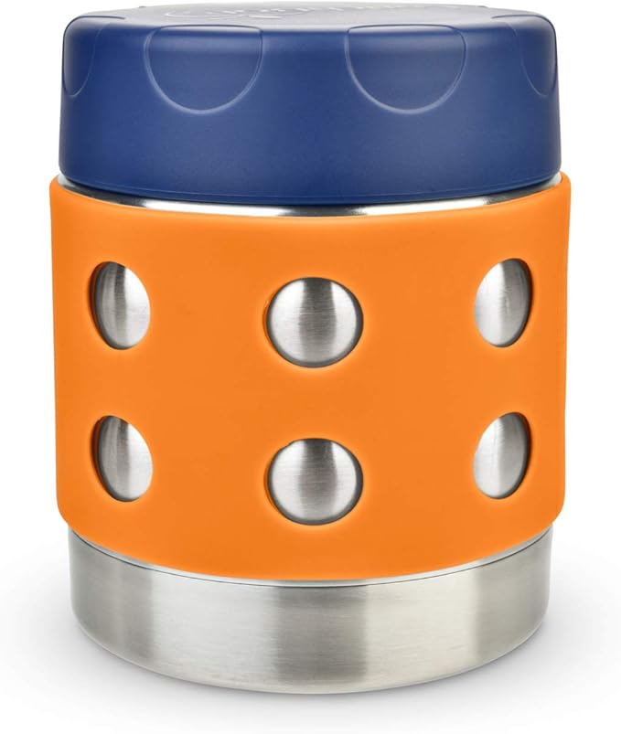 LunchBots Thermal 8 oz Triple Insulated Thermos - Hot 6 Hours or Cold 12 Hours - Leak Proof Thermos Soup Jar - All Stainless Interior - Navy Lid - Orange Dots