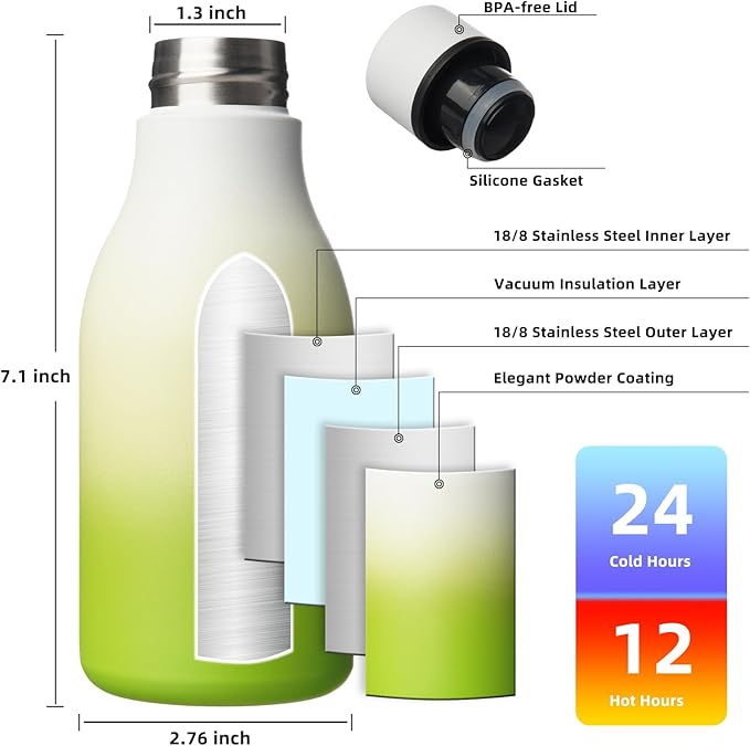 BJPKPK Insulated Water Bottles, 12oz Stainless Steel Metal Water Bottle with Strap, BPA Free Leak Proof Thermos, Mugs, Flasks, Reusable Water Bottle for Sports & Travel, Elegant Green