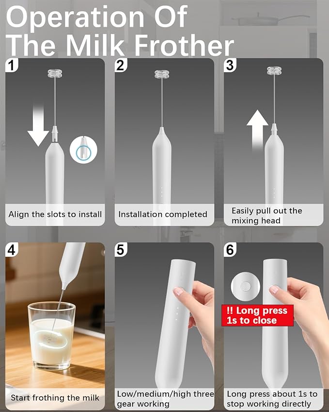 Rechargeable Milk Frother with Stand, Electric Frother Wand Handheld Coffee Foam Maker Detachable Stainless Steel Whisk Drink Mixer Foamer for Latte, Cappuccino, Hot Chocolate, Egg (White)