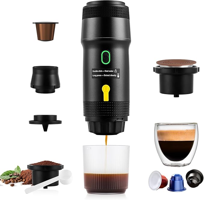 3 In 1 Portable Coffee Maker for Travel, 20 Bar Portable Espresso Machine with USB,Travel Coffee Maker Self-Heating, Compatible with Ground Coffee & Capsule for Hiking,Office,RV（Upgrade）
