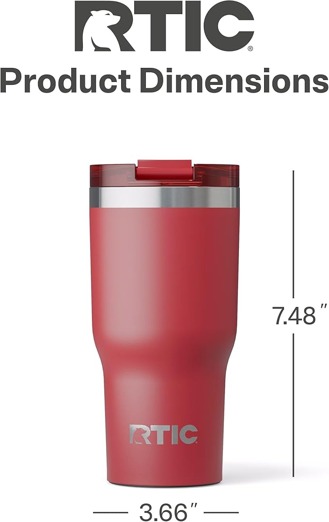 RTIC 20oz Essential Tumbler with Lid, Insulated, Stainless Steel, Metal, Double Wall Vacuum-Insulation, Ceramic Lined, Travel Cup for Iced Coffee, Tea, Hot and Cold Drink, Flag Red