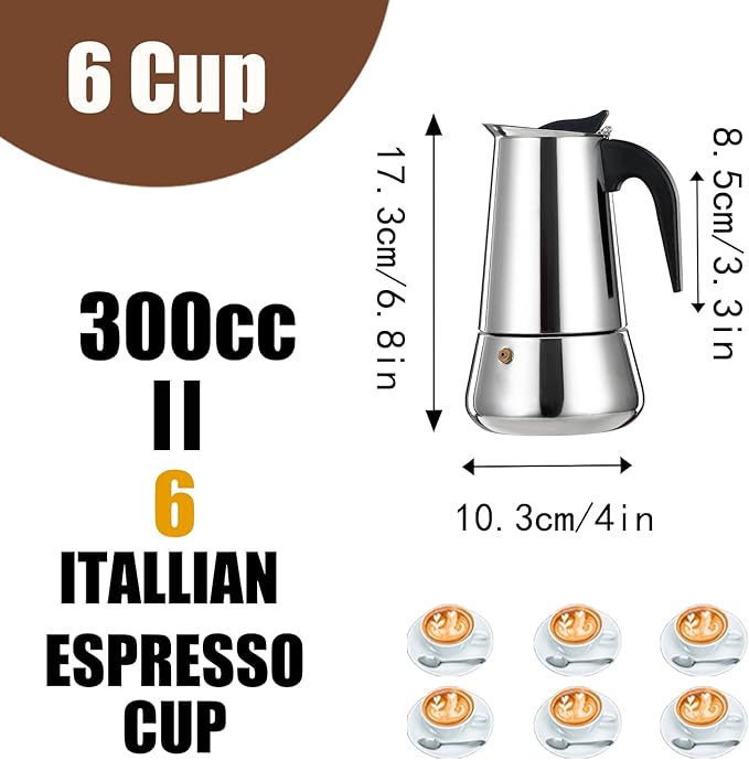 6 Cup Stovetop Espresso Maker Stainless Steel Moka Pot Stove Top Percolator Italian Coffee Makers Capable Mocha Greca Machine Cafe Classic Induction Cookers for Home and Camping 300ml 10oz