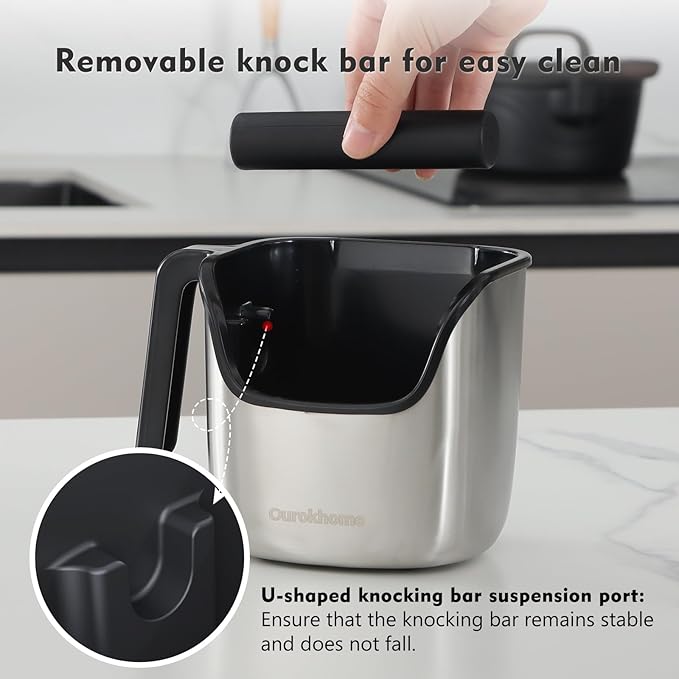 Ourokhome Knock Box Espresso Accessories, The Latest Patented Stainless Steel Espresso Machine Tool for Coffee Ground with Removable Knock Bar, Handle and Lid, Dishwasher safe, 4.8 inch
