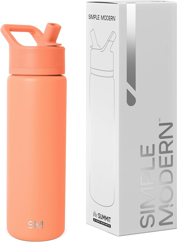 Simple Modern Water Bottle with Straw Lid | Vacuum Insulated Stainless Steel Metal | Reusable Leak Proof BPA-Free Cup for School | Summit Collection | 22oz, Clementine