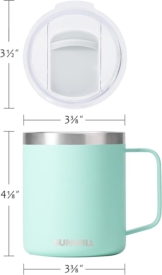 SUNWILL Travel Coffee Mug with Lid, Insulated Tumbler with Handle, 14 oz Stainless Steel Cup Set for Camping, Outdoor, Powder Coated Sakura & Mint 2 Pack