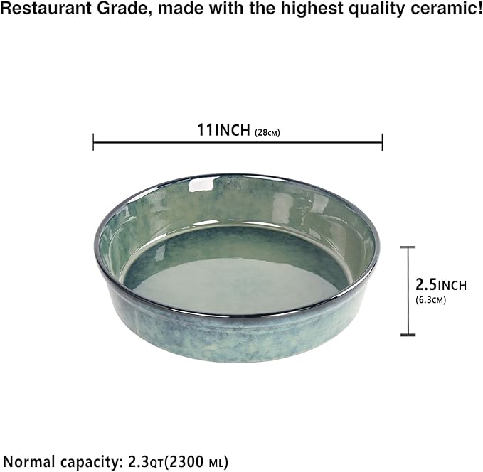 Ceramic Pie Pan Quiche Dish 2.3 Quart Baking Pan, 11 Inch Round Au Gratin Baking Dishes, Non-Stick Tart Pan, Pie Plate for Apple, Oven, Dishwasher and Microwave Safe