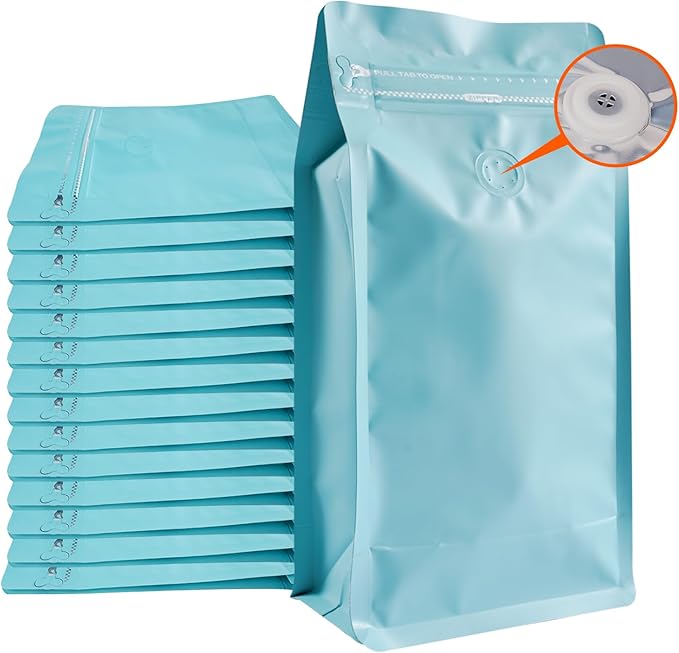 Coffee Bags with Valve (50 PCS,16oz/1lb) Blue High Barrier Aluminum Foil Flat Bottom Standing Coffee Beans Storage Packaging Bags, Reusable Heat Seal Side Zipper Pouches for Small Business and Home