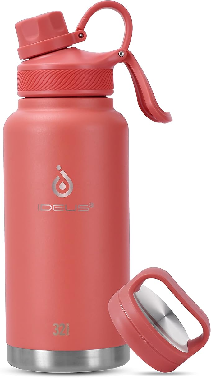 IDEUS Insulated Stainless Steel Water Bottle with 2 Leak-Proof Lids, Thermal Water Flask for Hiking Biking, 32oz, Red