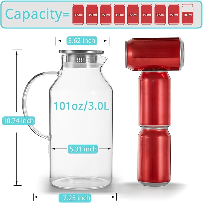 3 Liter 101 oz Glass Pitcher with Lid and Spout, Bivvclaz Glass Water Pitcher for Fridge, Glass Carafe for Hot/Cold Water, Iced Tea Pitcher, Large Jug for Coffee, Juice and Homemade Beverage