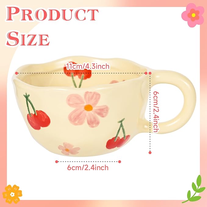 Ceramic Coffee Mug Vintage Flower Mugs 8 oz Cute Floral Coffee Mugs Irregular Latte Art Cup Lead-free Porcelain Cups for Cappuccino, Cocoa (Pink Cherry)