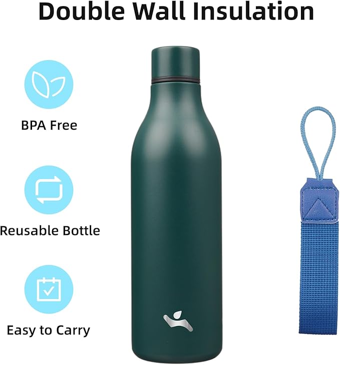 Insulated Water Bottle with Strap,25 oz Double Wall Stainless Steel Vacuum Bottles Metal Water Flask,Army green