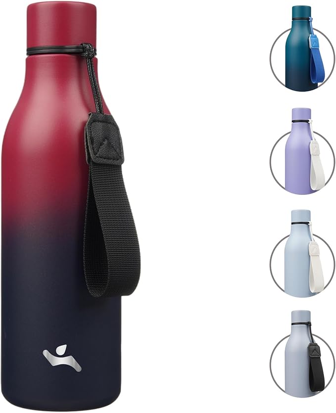 Insulated Water Bottle with Strap,18 oz Double Wall Stainless Steel Vacuum Bottles Metal Water Flask,Rosy Red