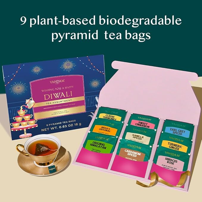 VAHDAM, Limited Edition - Happy Diwali Gift Basket | 9 Delicious Variety Pyramid Tea Bags | Perfect Diwali Gifts for Friends and Family I Perfect Diwali Offering for Guests