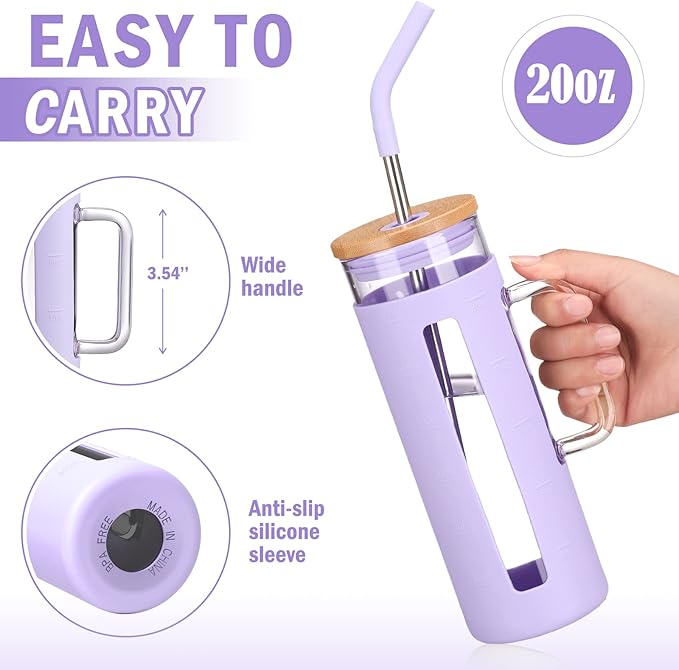 Kodrine Tumbler with Lid and Straw, 20 oz Glass Coffee Tumbler with Handle, Smoothie Cup with Bamboo Lid | Time Marker | Silicone Protective Sleeve, BPA Free - Purple
