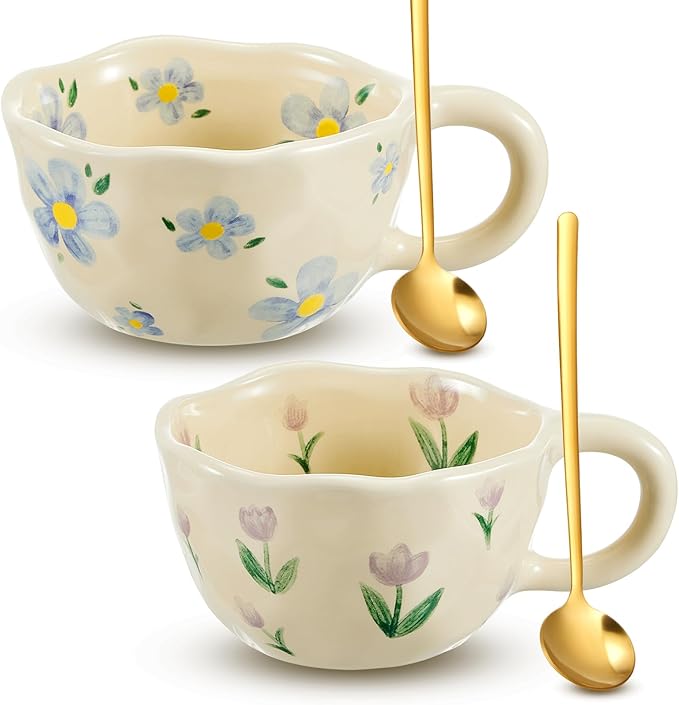Vesici 2 Pcs Ceramic Coffee Mugs Flower Cups with Spoon Vintage Floral Mugs with Handle 8.5 oz Aesthetic Tea Porcelain Cup Gift for Valentine Office Home, Dishwasher and Microwave Safe(Vibrant)