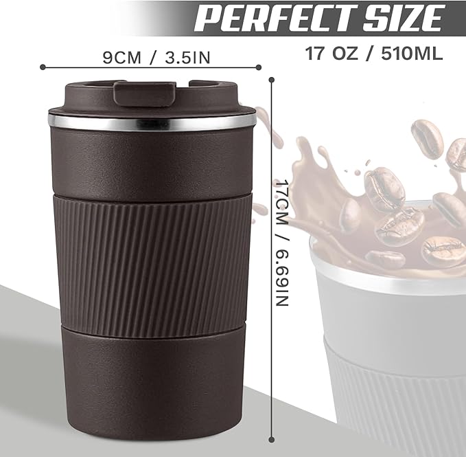 Vacuum-Insulated Stainless Steel Travel Coffee Mug, Leak-Proof Reusable Coffee Cup with Lid - Keep Hot & Cold Drinks for Hours, Durable Thermos Tumbler for Men & Women (3rd-Dark Coffee, 17OZ)