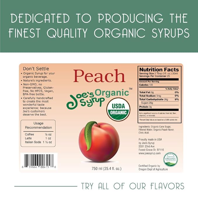Joe’s Syrup Organic Flavored Syrup, Organic Peach, 750 ml