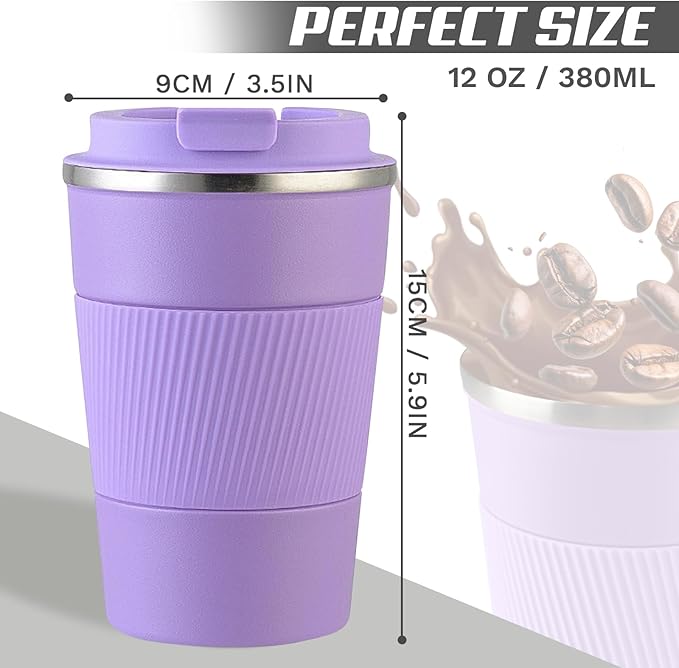 Vacuum-Insulated Stainless Steel Travel Coffee Mug, Leak-Proof Reusable Coffee Cup with Lid - Keep Hot & Cold Drinks for Hours, Durable Thermos Tumbler for Men & Women (3rd-Purple, 12OZ)