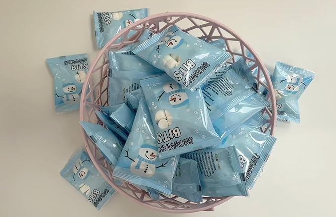 4E's Novelty 50 Packs "Snowman Bits" Mini Marshmallow Packets, Vanilla Flavored, 14 Marshmallows in Each Bag, Bulk Individually Wrapped Christmas Marshmallows For Hot Chocolate Bar Supplies Party Treats
