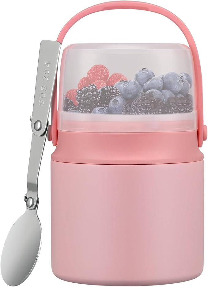 2-in-1 Insulated Food Jar & Snack Container - 15oz Kids Soup Thermos for Hot Food with Handle and Spoon, Leak Proof Reusable Toddler Snack Box, Perfect for School & Travel, Pink