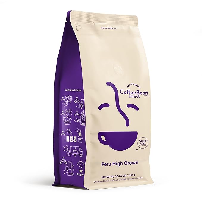 Coffee Bean Direct Peru High Grown, Whole Bean Coffee, Light Roast, 2.5 Pound Bag (Pack of 1)