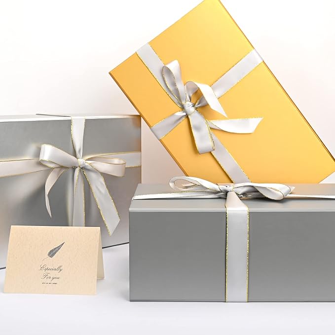 LIFELUM Large Gift Box,13.85 x 8.35 x 4.45 inch Grey Gift Box Set of 5 with Magnetic Lid for Presents with Ribbon,Card,Shredded Paper Filler Gift for Mom Valentine's Day,Christmas Presents