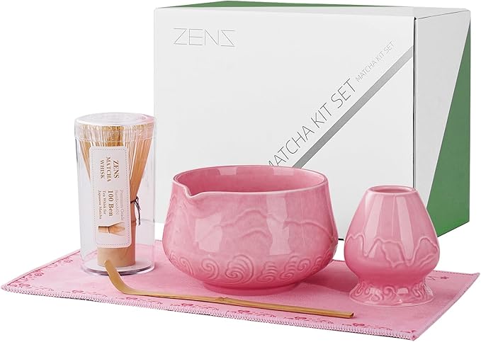 ZENS Pink Matcha Set, Matcha Whisk Set Includes Ceramic Bowl, Matcha Whisk and Chasen Holder, Bamboo Scoop-Tea Towel, 5pcs Matcha Kit Set for Matcha Lovers, Sakura Pink