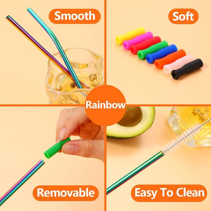 Lazycorner 16 Pcs Short Metal Straw, 6mm 5.5" 6.5" Kids Reusable Straw Silicone Tips Cleaner, Mini Small Stainless Steel Straws Fit 8 10 12 oz Tumbler/Wine Tumblers, Reusable Cocktail Straws(Rainbow)