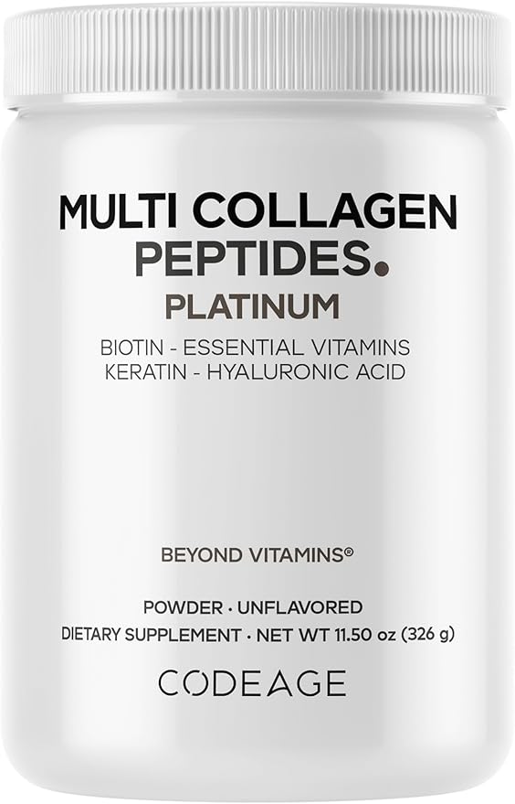 Codeage Multi Collagen for Women & Men Biotin 10000mcg Keratin, Protein Powder Vitamin C B6 D3, Hyaluronic Acid, Niacin - Hydrolyzed Collagen Coffee Creamer 5 Types - Unflavored - Non-GMO - 11.5oz
