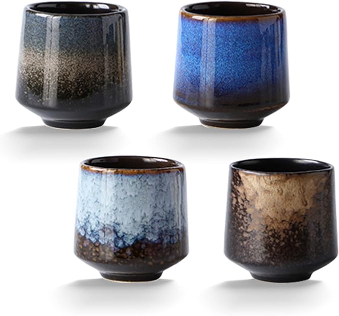 Ceramic Tea Cup, 4 Count (Pack of 1), 7.43 oz Capacity, Modern Design, Blue, Black, Grey, Christmas, Birthday, Thanksgiving, Reusable, Heavy Duty, Glazed, Teacups, Teacup